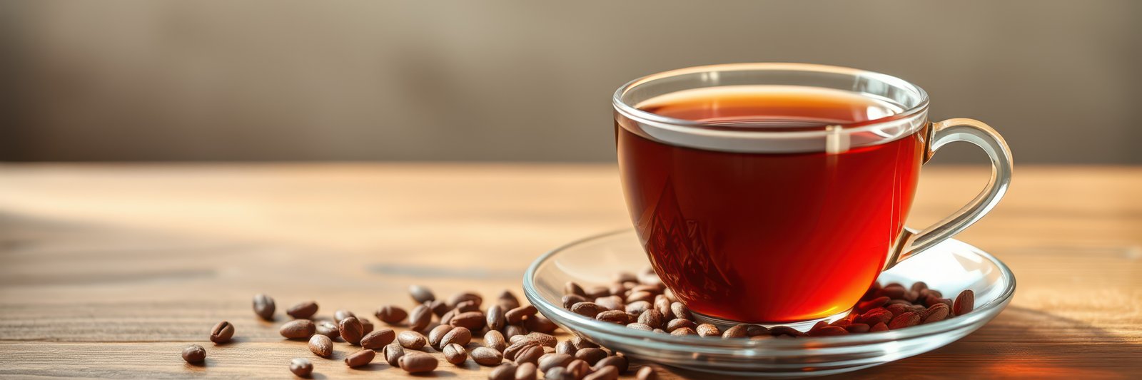 Warm cup of tea sitting on a wooden table with coffee beans beside it in a cozy setting during afternoon light